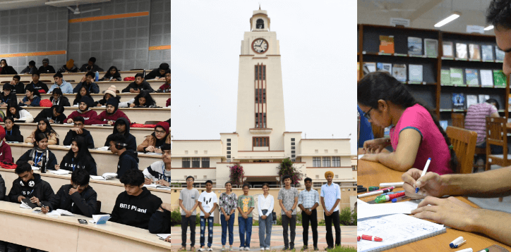 Students in a lecture hall, on campus and studying in a library
